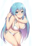  1girl ass_visible_through_thighs bangs bikini blue_eyes blue_hair blush breasts cleavage curvy duel_monster eria eyebrows eyebrows_visible_through_hair front-tie_bikini front-tie_top fuya_(tempupupu) large_breasts leaning_forward long_hair looking_at_viewer side-tie_bikini simple_background solo swimsuit thigh_gap very_long_hair wet white_background white_bikini yuu-gi-ou 