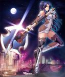  1girl axe bangs bare_shoulders black_legwear blue_hair breasts cityscape commentary_request elbow_gloves fishnet_legwear fishnets full_body full_moon gloves highres kagami_hirotaka large_breasts long_hair looking_at_viewer moon night night_sky ninja panties pantyshot polearm ponytail red_eyes skin_tight sky solo sparkle standing_on_one_leg star_(sky) starry_sky taimanin_(series) taimanin_asagi taimanin_asagi_kessen_arena taimanin_murasaki thigh-highs underwear weapon white_panties yatsu_murasaki zettai_ryouiki 