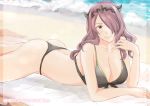  1girl arm_support ass beach bikini breasts camilla_(fire_emblem_if) cleavage fire_emblem fire_emblem_if front-tie_top hair_over_one_eye long_hair looking_at_viewer purple_hair solo swimsuit tico violet_eyes 