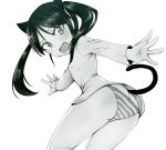  1girl animal_ears ass black_hair cat_ears cat_tail fang francesca_lucchini liar_lawyer looking_at_viewer monochrome open_mouth panties solo strike_witches striped striped_panties tail twintails underwear 