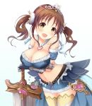  1girl armor blush breast_rest breasts brown_eyes brown_hair crossed_arms gauntlets granblue_fantasy idolmaster idolmaster_cinderella_girls kirimoti34 large_breasts open_mouth smile solo sword thigh-highs totoki_airi twintails weapon 