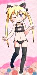  1girl animal_ears ass_visible_through_thighs bell bell_choker bell_collar black_bra black_legwear black_panties blonde_hair blue_eyes bra cat_cutout cat_ear_panties cat_ears cat_lingerie choker cleavage_cutout collar commentary_request fang frilled_bra frills full_body groin highres jinnouchi_akira kill_me_baby long_hair navel no_shoes one_eye_closed panties paw_pose side-tie_panties solo sonya_(kill_me_baby) stomach thigh-highs twintails underwear 