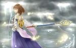  1girl au breasts brown_hair detached_sleeves final_fantasy final_fantasy_x hair_ornament hakama japanese_clothes jewelry short_hair simple_background solo staff wand yuna_(ff10) 