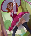  1girl :d arm_up black_legwear hair_bobbles hair_ornament haruyama_kazunori hat kei_(mahou_girls_precure!) mahou_girls_precure! open_mouth orange_hair pink_eyes precure short_hair smile solo thigh-highs witch_hat zettai_ryouiki 