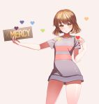  1girl 4b bangs brown_eyes brown_hair collarbone cowboy_shot dress eyebrows eyebrows_visible_through_hair frisk_(undertale) heart looking_at_viewer short_hair short_sleeves simple_background solo twitter_username undertale 