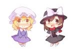  2girls akagashi_hagane blonde_hair book bow brown_eyes brown_hair chibi fedora hat hat_bow maribel_hearn mob_cap multiple_girls open_mouth touhou usami_renko white_background yellow_eyes 