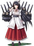  1girl alternate_costume black_hair cannon enmaided floral_print full_body fusou_(kantai_collection) hair_ornament japanese_clothes kantai_collection long_hair long_skirt looking_at_viewer maid maid_headdress pleated_skirt red_eyes rigging simple_background skirt solo standing tatsumi_rei turret twitter_username very_long_hair white_background 