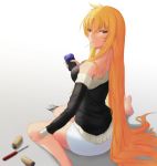  1girl absurdly_long_hair bare_shoulders blonde_hair breasts fate_testarossa long_hair lyrical_nanoha mahou_shoujo_lyrical_nanoha mochidayo_(lovefate999) mouth_hold red_eyes screwdriver sitting skirt solo very_long_hair wariza white_background wrench 