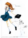  1girl bag blue_eyes concept_art hair_ornament highres long_hair looking_at_viewer looking_back neon_genesis_evangelion open_mouth orange_hair ribbon school_bag school_uniform shoes simple_background smile solo souryuu_asuka_langley white_background 