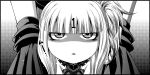  1girl aoki_hagane_no_arpeggio bangs blunt_bangs collar hands_on_another&#039;s_shoulders kaname_aomame kantai_collection kongou_(aoki_hagane_no_arpeggio) lace_trim looking_at_viewer monochrome number side_ponytail solo triangle_mouth 