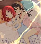  2girls :o bangs bare_shoulders bed bed_sheet breasts brown_hair closed_eyes collarbone dust floral_print frills highres lens_flare light_rays long_hair looking_at_viewer love_live!_school_idol_project lying morning multiple_girls nagou_nono nightgown nishikino_maki on_bed on_side open_mouth parted_bangs pillow redhead sleeping sleepwear spooning strap_slip sunbeam sunlight violet_eyes waking_up yazawa_nico yuri 