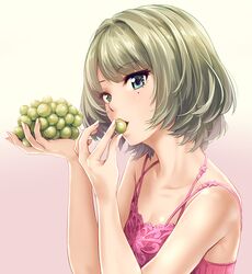  1girl bare_shoulders blue_eyes brown_hair food fruit grapes green_eyes heterochromia idolmaster idolmaster_cinderella_girls infinote mole mole_under_eye ribbed_shirt shirt short_hair solo takagaki_kaede 