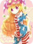  1girl adjusting_clothes adjusting_legwear american_flag_legwear american_flag_shirt bangs blonde_hair clownpiece collar cowboy_shot frilled_collar frills hat heart jester_cap long_hair nikorashi-ka pantyhose pink_eyes polka_dot shirt short_sleeves solo standing star striped touhou very_long_hair 