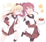  &gt;_&lt; 2girls ahoge birthday birthday_cake black_legwear blonde_hair bow cake closed_eyes collarbone dated food fork fruit hair_bow hair_in_mouth hair_intakes happy_birthday kitahara_tomoe_(kitahara_koubou) mouth_hold multiple_girls no_shoes open_mouth pantyhose plate ponytail purple_hair school_uniform serafuku smile socks strawberry sugiura_ayano toshinou_kyouko twitter_username violet_eyes wavy_mouth x) yuru_yuri 