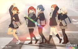  5girls ^_^ artist_request bag black_legwear blush brown_eyes closed_eyes coat company_name copyright_name glasses green_eyes hair_ornament highres kobayashi_gen kurimoto_haruka kyoubashi_amane long_hair mittens momokawa_sasa multiple_girls natsume_itsumi official_art open_mouth orange_hair pantyhose ponytail red_eyes rinoda_mano scarf school_bag school_girl_strikers school_uniform shoes skirt smile socks sunlight thigh-highs twintails walking wallpaper 