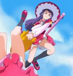  3girls asahina_mirai broom broom_riding closed_eyes clouds ha-chan_(mahou_girls_precure!) haruyama_kazunori hat izayoi_liko long_hair mahou_girls_precure! multiple_girls precure purple_hair sky socks witch_hat 