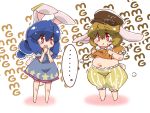  ... 2girls animal_ears big_belly blonde_hair blue_hair blush buck_teeth chibi commentary dango dress dropping ear_clip eating fat food hat kuropata multiple_girls navel plump rabbit_ears red_eyes ringo_(touhou) seiran_(touhou) shirt shorts spoken_ellipsis sweat touhou wagashi 