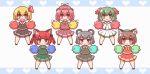  6+girls :&lt; :3 ^_^ animal_ears animated animated_gif ascot basket blonde_hair blue_background bow bowtie braid brown_eyes brown_hair cat_ears cat_tail cheering cheerleader chen closed_eyes green_eyes green_hair grey_hair hair_bow hair_ribbon hat heart jewelry kaenbyou_rin kasodani_kyouko maitora mouse_ears mouse_tail multiple_girls multiple_tails mystia_lorelei nazrin nekomata one_leg_raised open_mouth panties pink_eyes pink_hair pom_poms red_eyes redhead ribbon rumia single_earring sleeveless striped striped_panties tail touhou twin_braids two_tails underwear white_background wings yellow_bow yellow_bowtie 