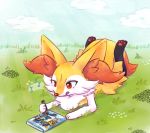  blue_sky braixen clouds crayon drawfag drawing grass lying musical_note no_humans on_stomach outdoors pokemon pokemon_(creature) pokken_tournament red_eyes sky tongue tongue_out 