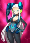  1girl blue_eyes bodysuit breasts electro_emilia hand_on_hip headgear holding holding_weapon ken_(koala) large_breasts long_hair looking_at_viewer neon_trim original skin_tight smile solo very_long_hair white_hair 