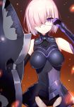  1girl armor bare_shoulders breasts carchet elbow_gloves fate/grand_order fate_(series) glasses gloves hair_over_one_eye purple_hair shielder_(fate/grand_order) short_hair solo violet_eyes 