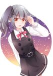  1girl dress grey_hair izumo_ayuka kantai_collection kasumi_(kantai_collection) long_hair long_sleeves open_mouth remodel_(kantai_collection) ribbon school_uniform shirt side_ponytail silver_hair sleeveless sleeveless_dress smile solo white_shirt yellow_eyes 