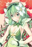  1girl armpits blush commentary_request date_elf_masamune dress flower gloves green_dress green_eyes green_hair grin hair_flower hair_ornament hairband highres long_hair looking_at_viewer mitsuki_mantarou plant sleeveless small_breasts smile solo tsurime upper_body vines white_gloves 