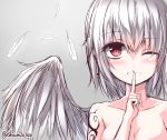  1girl feathered_wings feathers highres kishin_sagume nude red_eyes shamuichi short_hair silver_hair single_wing sketch solo tattoo touhou twitter_username wings 