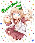  1girl birthday blonde_hair blue_eyes cake confetti food hat long_hair namori party_hat school_uniform serafuku solo thank_you toshinou_kyouko v yuru_yuri 