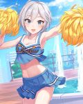 1girl :d anastasia_(idolmaster) armpits blue_eyes blue_skirt cheerleader crop_top crop_top_overhang earrings fence fountain idolmaster idolmaster_cinderella_girls jewelry looking_at_viewer midriff navel open_mouth outdoors pom_poms shiny shiny_skin short_hair silver_hair skirt smile solo standing tamakaga 