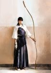  1girl absurdres archery arrow barefoot black_eyes black_hair blurry bow_(weapon) dated faux_traditional_media hakama highres holding holding_weapon indoors japanese_clothes kyuudou long_hair looking_at_viewer muneate original photo_reference photorealistic real_life signature solo standing toda_erika weapon yotsuyu yugake yumi_(bow) 