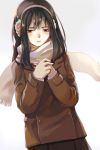  1girl brown_eyes earmuffs highres jacket kimishima_kana kiseijuu long_hair sad scarf sd_pink solo white_background white_scarf 