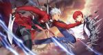  2boys archer blood brown_hair dark_skin emiya_shirou fate/stay_night fate_(series) impaled kanshou_&amp;_bakuya multiple_boys polearm raglan_sleeves short_hair spear spoilers sword unlimited_blade_works weapon white_hair yeruen 