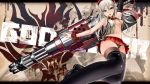  1girl alisa_ilinichina_amiella blue_eyes boots elbow_gloves fingerless_gloves gloves god_eater god_eater_2:_rage_burst gun hat highres huge_weapon long_hair looking_at_viewer silver_hair skirt smile solo suspender_skirt suspenders thigh-highs thigh_boots weapon 