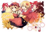  2girls aki_minoriko aki_shizuha apron barefoot blonde_hair choker danmaku food fruit full_body grapes hat holding_hands leaf leaf_on_head long_sleeves looking_at_viewer maple_leaf mob_cap multiple_girls nogisaka_kushio open_mouth outstretched_arm puffy_sleeves red_eyes ribbon_choker shirt shoes short_hair siblings sisters skirt skirt_set smile socks touhou white_legwear wide_sleeves yellow_eyes 