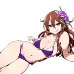  1girl bikini breasts brown_hair chan_co cleavage flower granblue_fantasy hair_between_eyes hair_flower hair_ornament large_breasts long_hair looking_at_viewer lying on_side purple_bikini rosetta_(granblue_fantasy) simple_background smile solo swimsuit violet_eyes white_background 