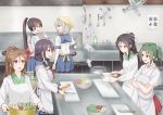  6+girls amagi_(kantai_collection) anti_(untea9) apron black_hair brown_eyes brown_hair carrot closed_mouth commentary_request crossed_arms cutting_board daikon grey_hair hair_between_eyes hair_ornament hair_ribbon hair_scrunchie hairclip hakama_skirt hamakaze_(kantai_collection) high_ponytail highres indoors isokaze_(kantai_collection) japanese_clothes kantai_collection kappougi katsuragi_(kantai_collection) kitchen kitchen_knife knife long_hair long_sleeves looking_at_another mole mole_under_eye multiple_girls open_mouth ponytail purple_hair red_skirt ribbon scrunchie shikigami short_hair short_sleeves skirt smile sweat taigei_(kantai_collection) translation_request twintails vegetable white_ribbon you&#039;re_doing_it_wrong zuikaku_(kantai_collection) 