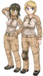  2girls black_hair blonde_hair blue_eyes dutchko green_eyes highres knee_pads military military_uniform multiple_girls original short_hair simple_background smile uniform white_background 