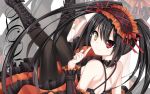  1girl bare_shoulders black_hair black_legwear boots clock_eyes date_a_live frills from_behind hairband heterochromia highres knee_boots lolita_hairband long_er_(dragonxo) long_hair looking_at_viewer looking_back pantyhose red_eyes smile solo symbol-shaped_pupils tokisaki_kurumi twintails very_long_hair yellow_eyes zoom_layer 