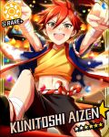  &gt;:d 1boy :d aizen_kunitoshi bandaid bandaid_on_nose card_(medium) character_name cinderella_girls_card_parody clenched_hands confetti hako_(pixiv267059) haori idolmaster idolmaster_cinderella_girls japanese_clothes male_focus open_mouth redhead shorts smile solo tasuki touken_ranbu yellow_eyes 