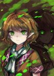  2girls angry bags_under_eyes bangs berabou blonde_hair dark_persona glowing glowing_eyes green_eyes highres looking_at_viewer mizuhashi_parsee multiple_girls pointy_ears scarf shiny shiny_hair short_hair small_breasts smile touhou upper_body wavy_hair 