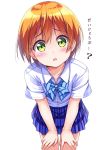  1girl :o blue_bow blush bow bowtie collared_shirt commentary_request green_eyes hands_on_own_knees harunabe_(refresh_star) hoshizora_rin leaning_forward looking_at_viewer love_live! love_live!_school_idol_project orange_hair plaid plaid_skirt pleated_skirt school_uniform shirt short_hair short_sleeves simple_background skirt solo translation_request white_background white_shirt worried 