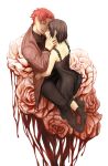  1boy 1girl baccano! black_dress black_hair black_shoes blood chane_laforet claire_stanfield closed_eyes dress flower full_body hand_on_another&#039;s_face hand_on_another&#039;s_hip highres hug incipient_kiss kneeling open_mouth redhead rose shoes sitting xiaoren359 