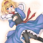 1girl alice_margatroid ascot black_legwear blonde_hair blue_eyes book boots capelet covering_mouth dress hairband lying monrooru on_back pantyhose pigeon-toed solo touhou 