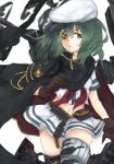  1girl bandolier belt belt_pouch brown_gloves bullet cape eyelashes eyepatch facing_viewer gloves gold_trim green_eyes green_hair hat kagari6496 kantai_collection kiso_(kantai_collection) long_hair looking_to_the_side mecha_musume midriff miniskirt navel peaked_cap remodel_(kantai_collection) school_uniform serafuku simple_background sketch skirt solo white_background 