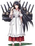  1girl alternate_costume black_hair cannon enmaided full_body fusou_(kantai_collection) hair_ornament japanese_clothes kantai_collection long_hair long_skirt looking_at_viewer maid maid_headdress pleated_skirt red_eyes rigging simple_background skirt solo standing tatsumi_rei turret twitter_username very_long_hair wa_maid white_background 