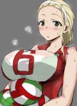  1girl blonde_hair blush breasts girls_und_panzer go-m green_eyes grey_background hairband huge_breasts looking_at_viewer parted_lips sasaki_akebi solo sportswear sweat volleyball volleyball_uniform 