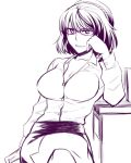  1girl alternate_costume bespectacled breasts cleavage collared_shirt dress_shirt glasses grin hairband hand_on_own_cheek kurirou large_breasts long_sleeves looking_at_viewer monochrome office_lady open_collar purple-framed_glasses shirt short_hair sitting skirt smile solo spot_color touhou yasaka_kanako 