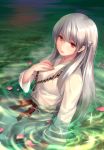  1girl bead_necklace highres light_smile long_hair partially_submerged red_eyes ripples silver_hair solo w_rong 
