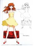  1girl arms_behind_back bare_shoulders blue_eyes concept_art dress hair_ornament highres long_hair luggage neon_genesis_evangelion orange_hair shoes simple_background smile solo souryuu_asuka_langley white_background 